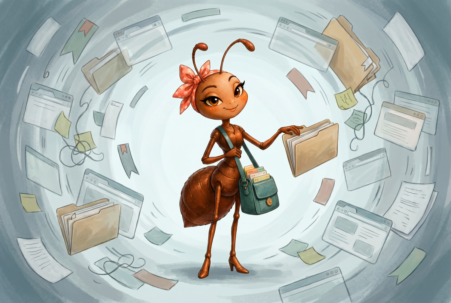 Constance standing calm at the center of a swirl of browser tabs, bookmarks, and loose papers.