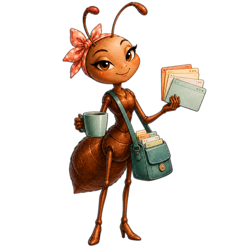 Constance, the mascot, holding a coffee mug and a satchel of folders.